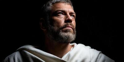 Stoic man in contemplative pose with soft lighting creates a profound atmosphere photo