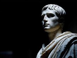 Stoic marble bust of a young man exhibiting calm and composure in a dim setting photo
