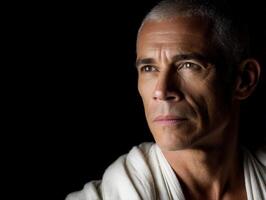 Stoic man in contemplative expression against dark background photo