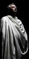 Stoic figure draped in white cloth stands in dramatic lighting photo