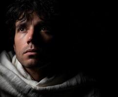 estoico individual reflejando en oscuro luz, exhibiendo profundo contemplación y emoción foto