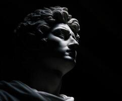 Marble bust of a stoic figure under dramatic lighting in a dim setting photo