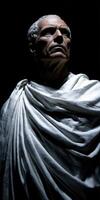 Stoic figure with thoughtful expression illuminated against dark background photo