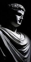 Marble bust of a stoic figure illuminated by dramatic lighting in a dark setting photo