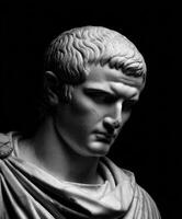 Stoic marble sculpture of a Roman figure captured in dramatic lighting photo