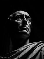 Stoic sculpture with detailed features illuminated by soft light photo