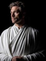 Stoic man in white robes reflects deeply in a dark setting photo