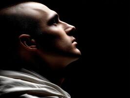Man with a stoic expression gazing upward in a dimly lit space photo