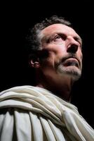 Stoic figure in dramatic lighting gazing upwards with a contemplative expression photo