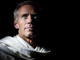 Stoic man in contemplative pose illuminated by soft light against dark backdrop photo