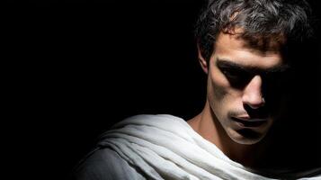 Stoic man in contemplative pose wearing a white garment with shadows photo