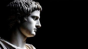 Stoic bust depicting a young male figure captured in soft light with dark background photo