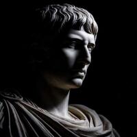 Marble statue of a stoic figure illuminated by dramatic lighting in a dark setting photo