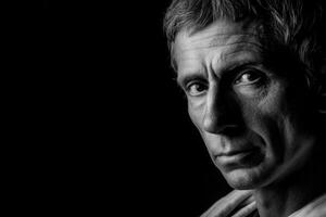 Portrait of a stoic individual in a minimalist setting conveying deep emotion photo