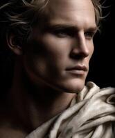 Stoic man in contemplative pose wearing a natural draped fabric photo