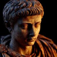 Stoic statue of a Roman leader illuminated by soft light at evening photo