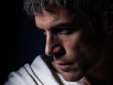 Portrait of a stoic man in ancient attire reflecting deep thought and contemplation photo