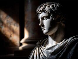 Stoic marble bust of an ancient figure illuminated by soft light photo