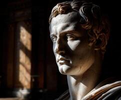 Stoic marble bust illuminated by natural light in historical setting photo
