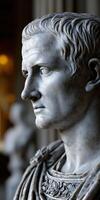 Stoic sculpture of a Roman figure in a museum setting with soft lighting photo