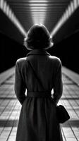 Stylish woman in a vintage coat stands before modern architecture at night photo