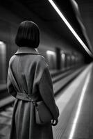 Fashionable individual waits at a modern subway platform on a chilly evening photo