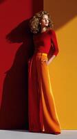 Model showcases vibrant fashion with bold colors in dynamic studio setting photo
