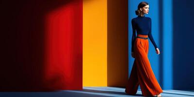 Fashion model walks confidently in bold colors against a vibrant backdrop photo