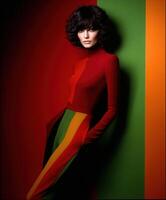 Stylish model showcasing vibrant fashion against bold color backdrop photo