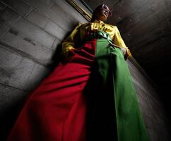 Fashionable model showcases vibrant color-blocked outfit in urban setting photo
