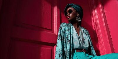 Fashion model poses elegantly against a vibrant pink backdrop in urban setting photo