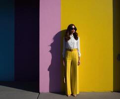 Fashionable woman posing in vibrant yellow pants against colorful backdrop photo
