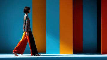 Bold fashion statement showcased by model walking against colorful backdrop photo