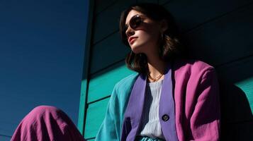 Fashionable model relaxes in vibrant outfit against colorful backdrop photo