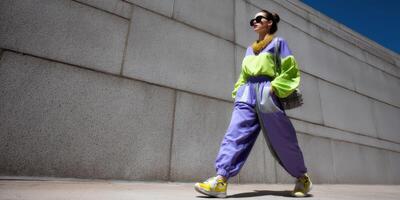 Bright fashion statement captured during a sunlit urban stroll showcasing bold colors and unique style photo