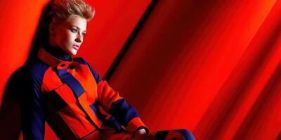 Fashion model poses against a bold red backdrop showcasing modern attire photo
