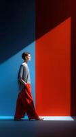 Fashion model walks against bold colored backgrounds in urban setting photo