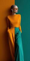Fashion model showcasing a vibrant outfit against a colorful backdrop in a modern studio photo