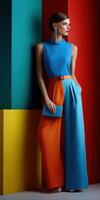 Stunning model showcases vibrant fashion with bold color blocking in studio photo