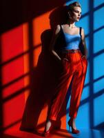 Fashion model poses in vibrant outfit against colorful background in studio photo