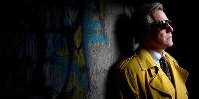 Man in a yellow trench coat stands confidently against a colorful wall at dusk photo
