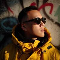 Portrait of a man in a yellow coat with sunglasses against urban graffiti backdrop photo