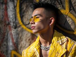 Young man showcasing vibrant fashion in urban setting with graffiti backdrop photo