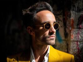 Stylish man in yellow suit and sunglasses poses in urban setting photo