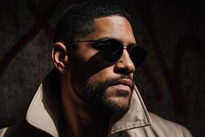A man with sunglasses and a beard is standing in front of a wall photo