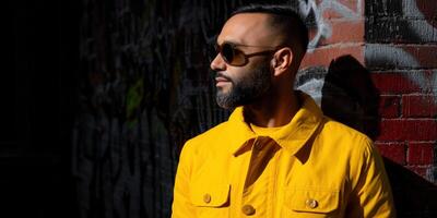 A man with a beard and sunglasses standing in front of a graffiti wall photo