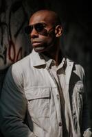 A man in sunglasses leaning against a wall photo