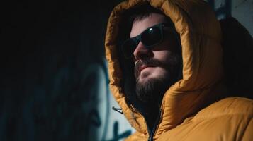A man with a beard and sunglasses in a yellow jacket photo