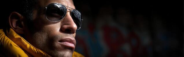 A man wearing sunglasses and a yellow jacket photo