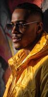 A man in a yellow jacket and sunglasses leaning against a wall photo
